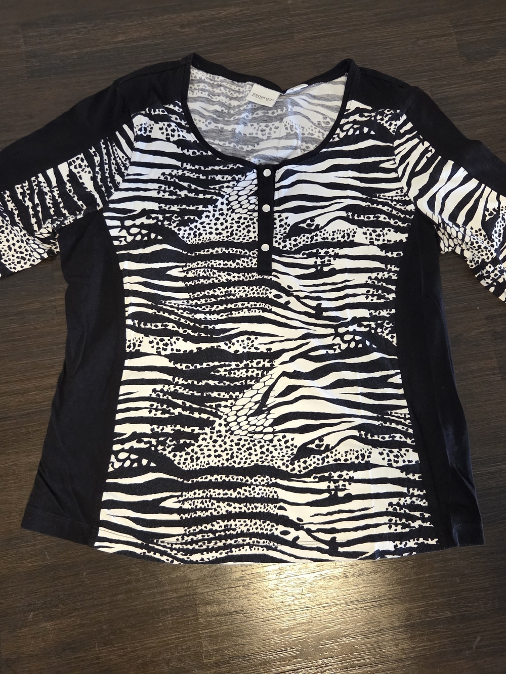 Chico's Zenergy Black & White Mixed Zebra Print Henley Knit Top